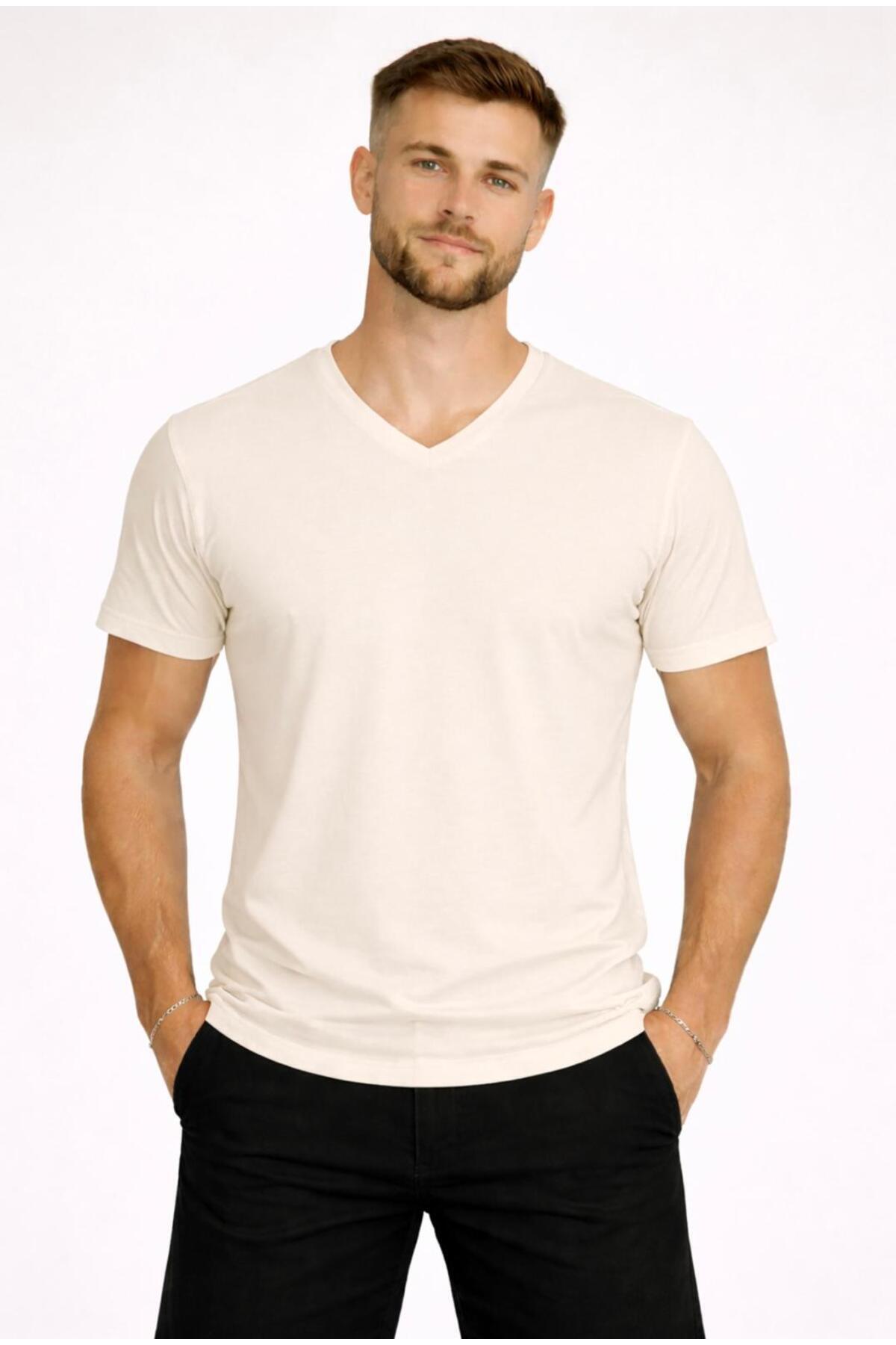 Men's Ecru Cotton Fabric V-Neck Short Sleeve-d804