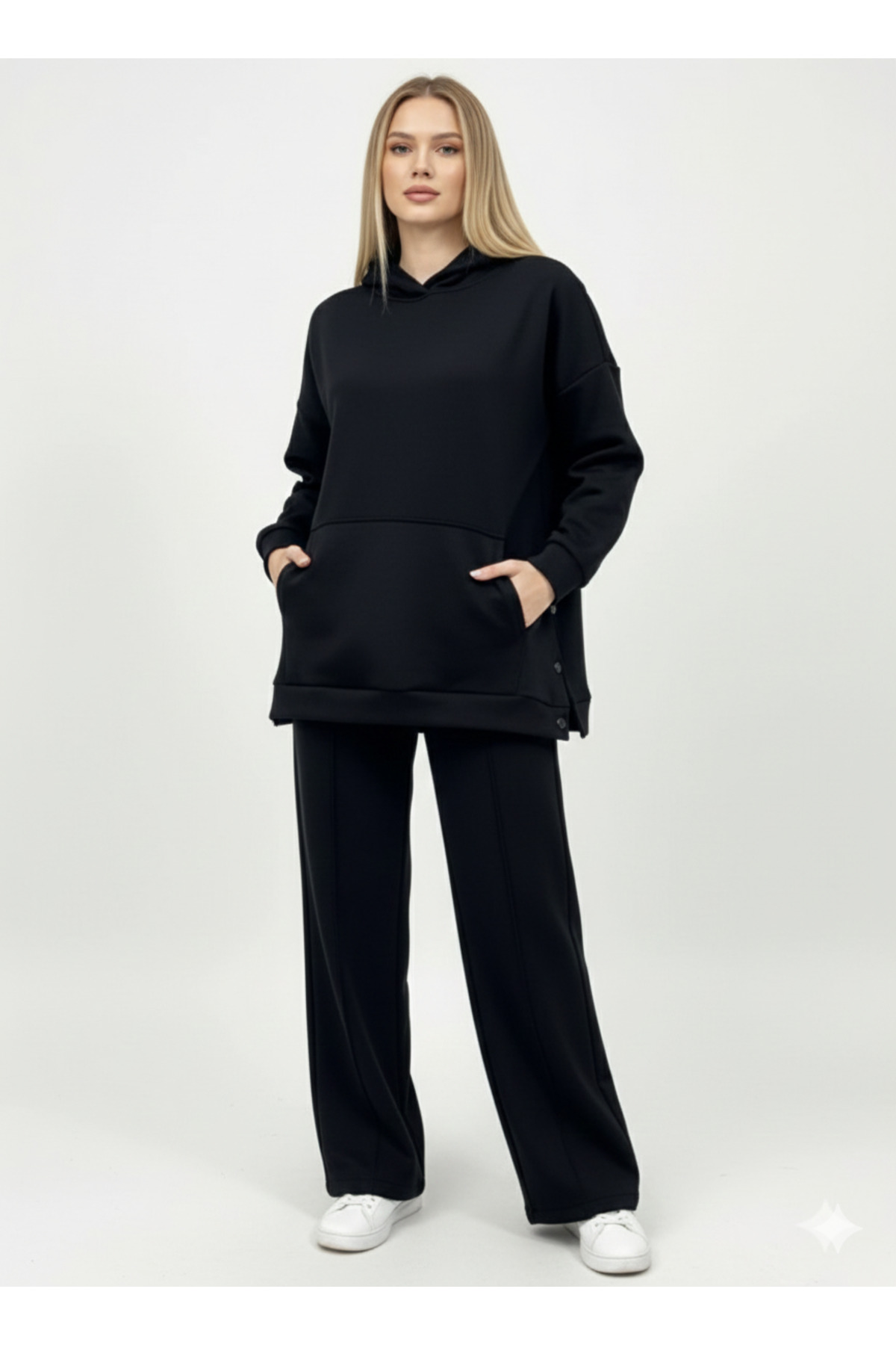Women's Hooded Sides Snap Detailed Sweatshirt and Ribbed Pants Black Bottom Top Set