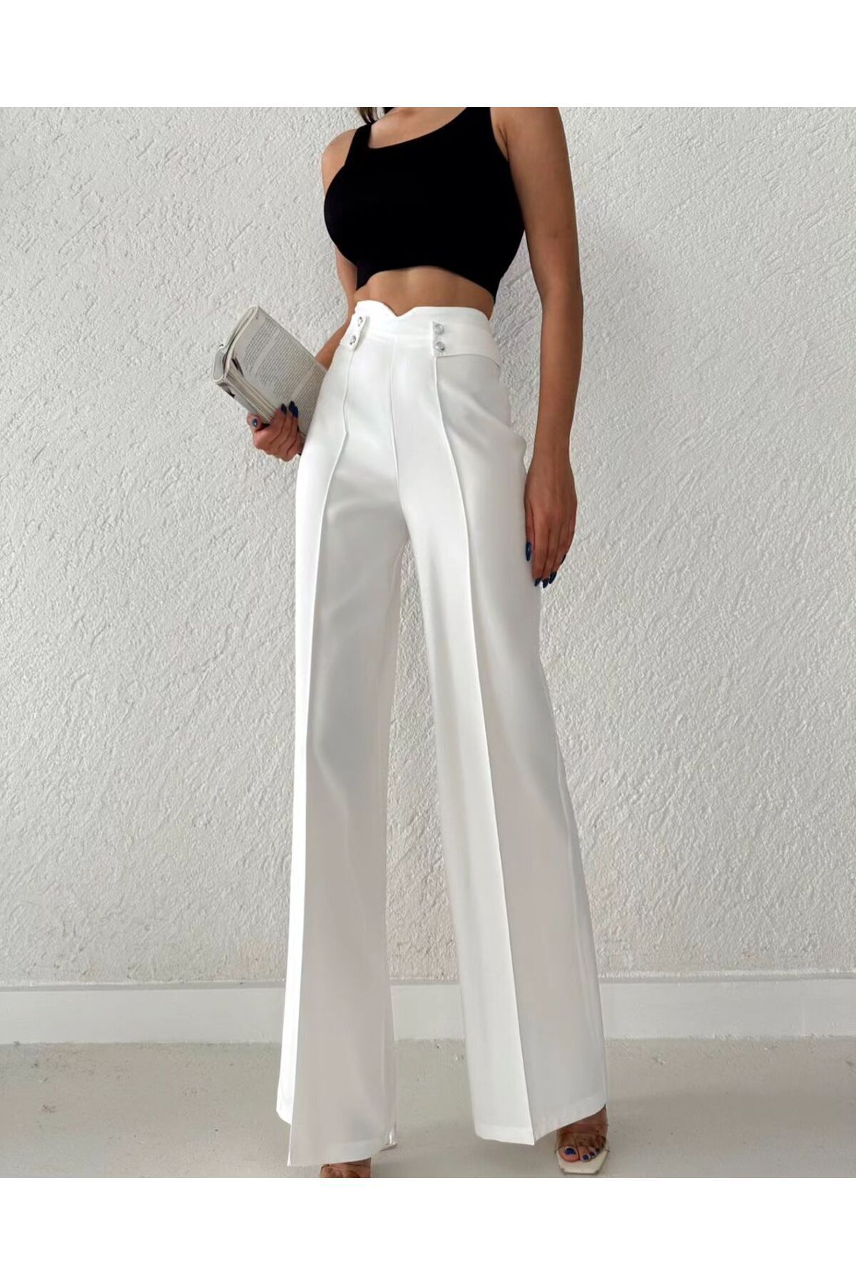 H&A İSTANBUL  Kadın beyaz Yüksek Bel bol paça Palazzo Düğmeli Detay Slim Fit Kalip Pantolon - Görsel 4