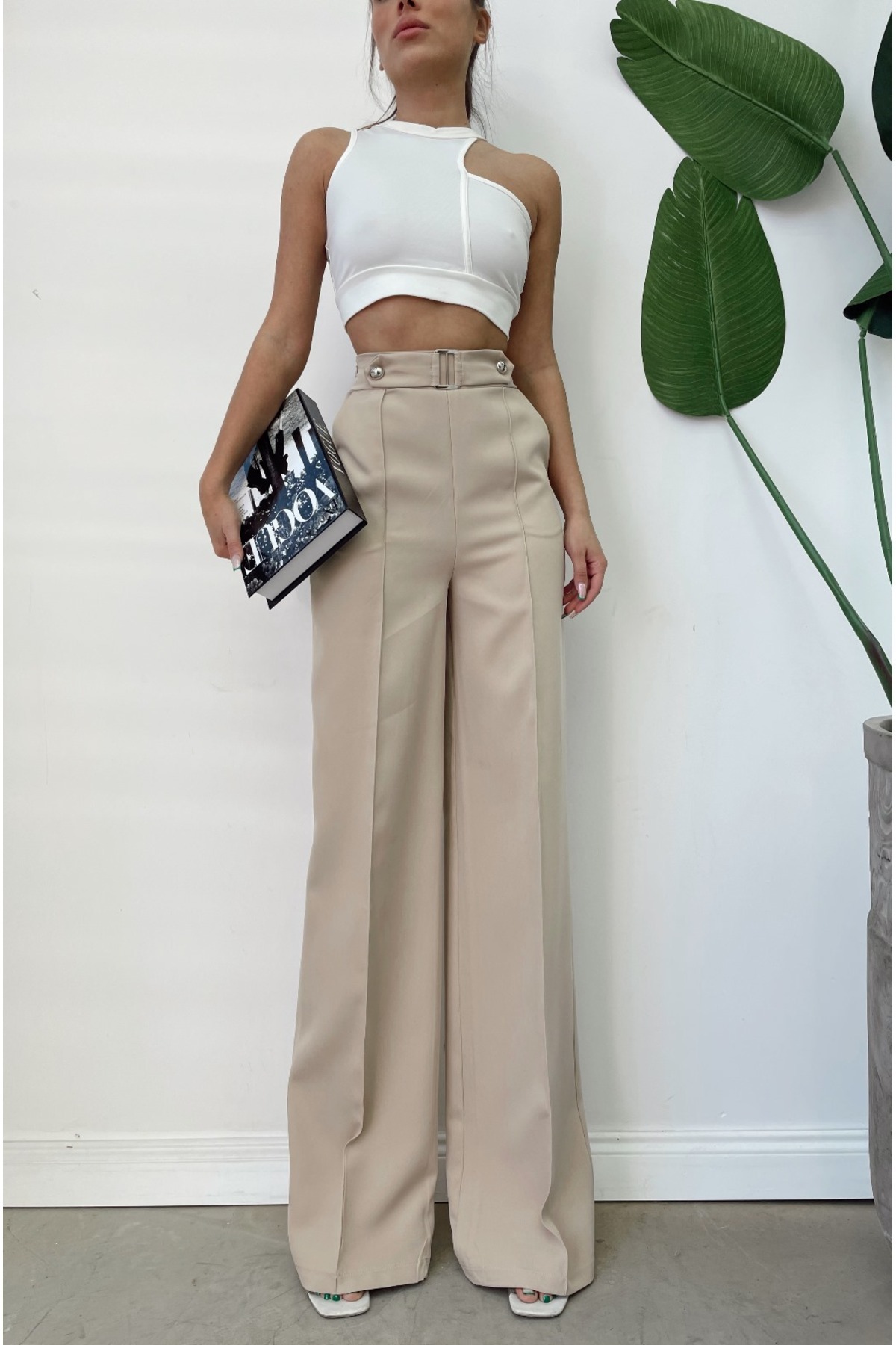 H&A İSTANBUL  Kadın Yüksek Bel Palazzo cepli bol paça Düğmeli Detay Slim Fit Kalip Pantolon - Görsel 4