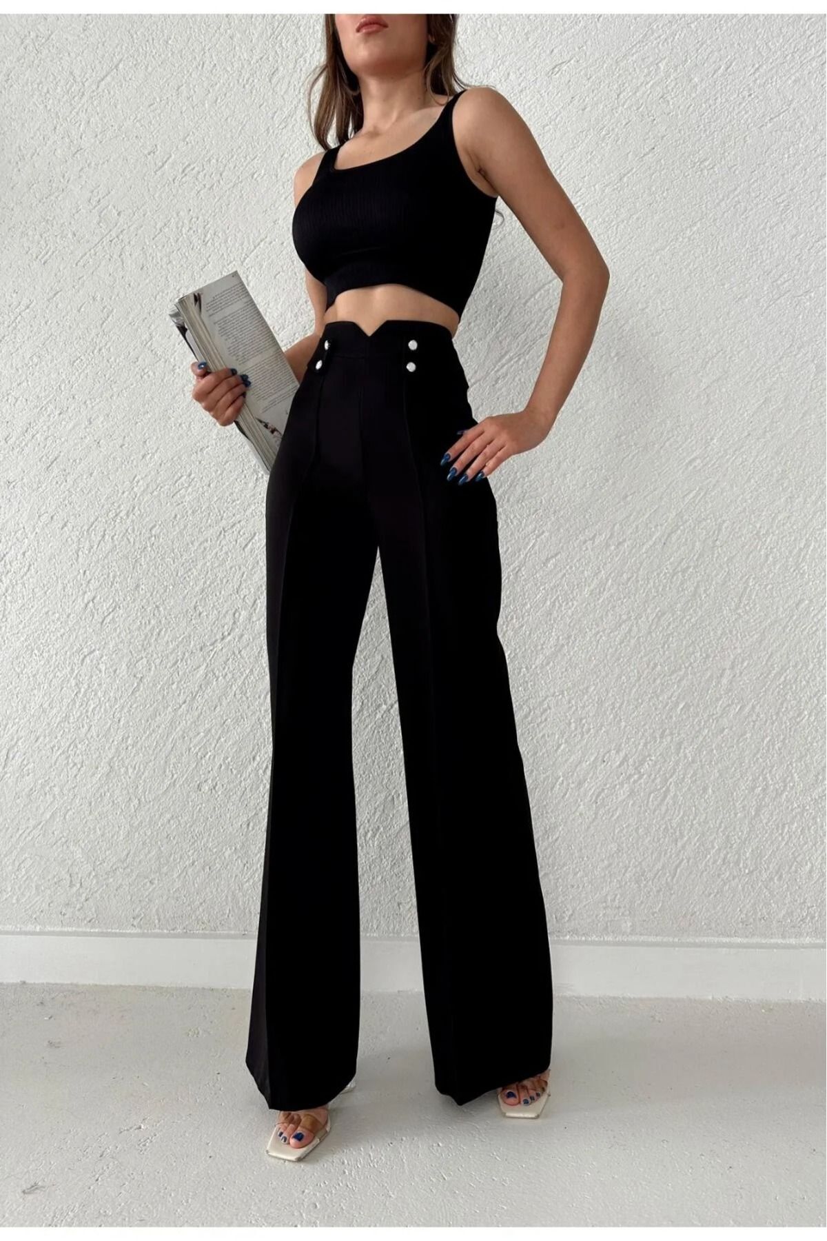 H&A İSTANBUL Kadın siyah Yüksek Bel bol paça Palazzo Düğmeli Detay Slim Fit Kalip Pantolon görsel 4