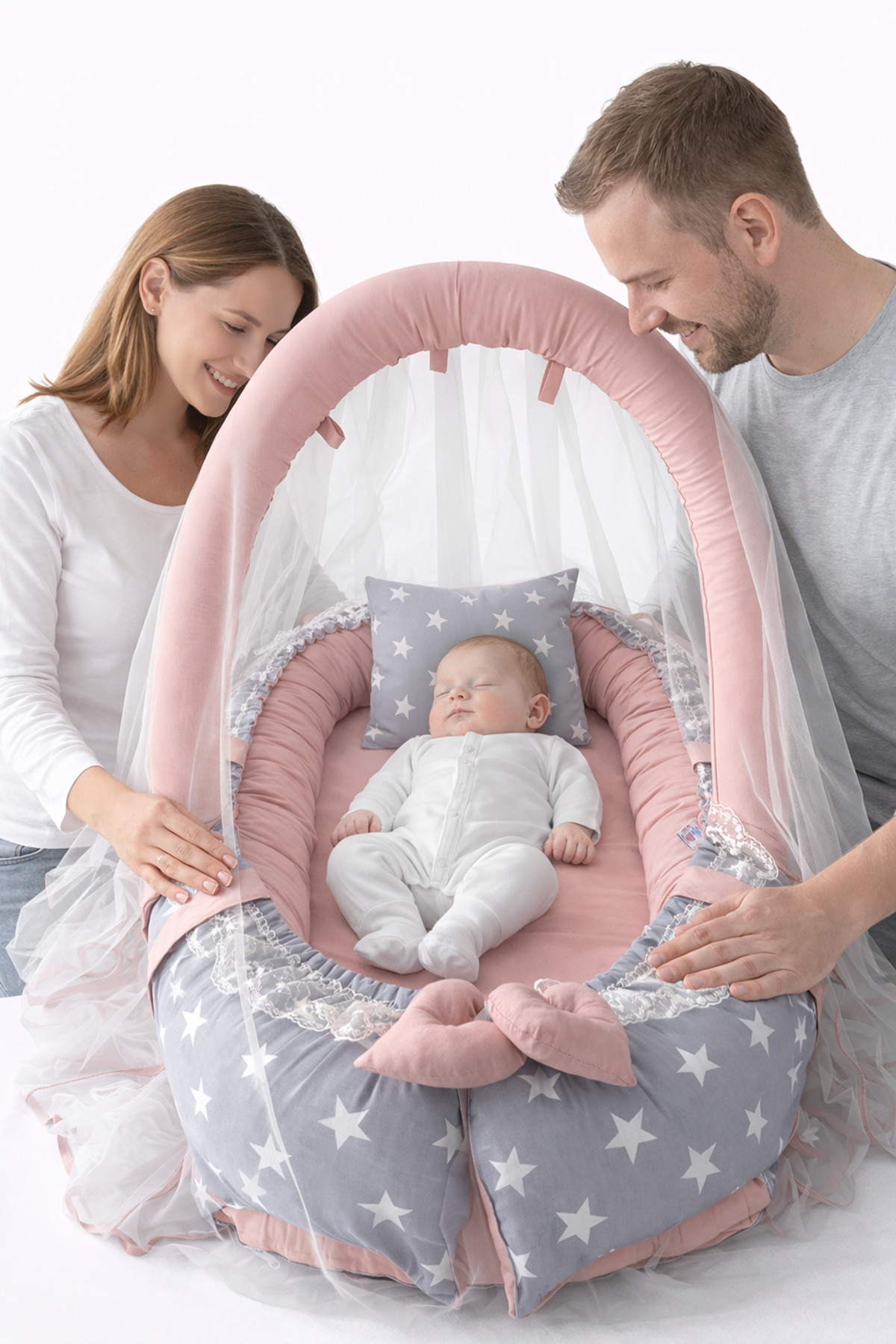 Jaju Baby Gri Yıldızlı Pudra Cibinlik - Oyuncak Askılı Tasarım Jaju Babynest Anne Yanı Bebek Yatağı fotoğrafı 2 (önizleme)