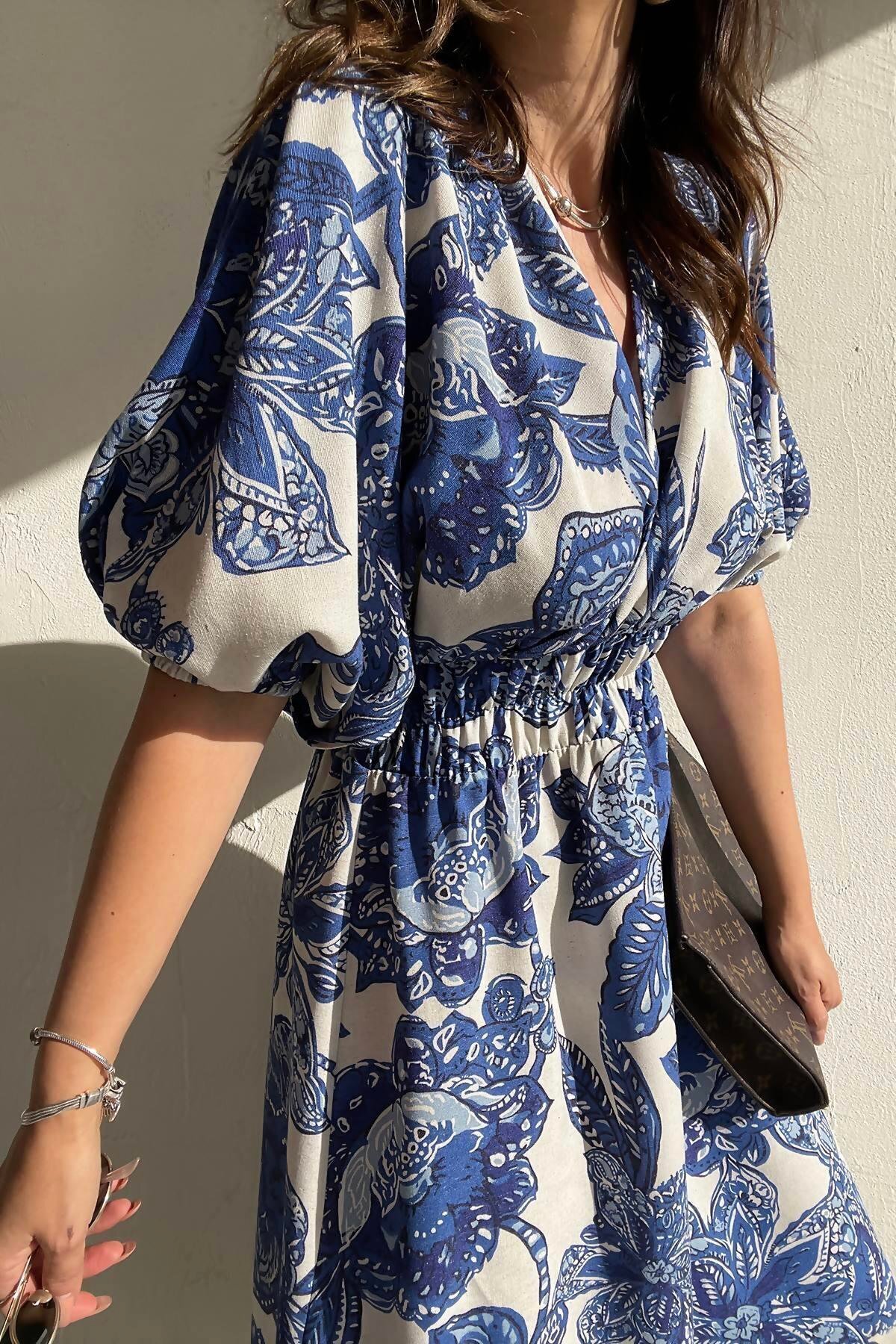 HAKKE  Bel Lastikli Yarasa Kol Keten Elbise - Görsel 3