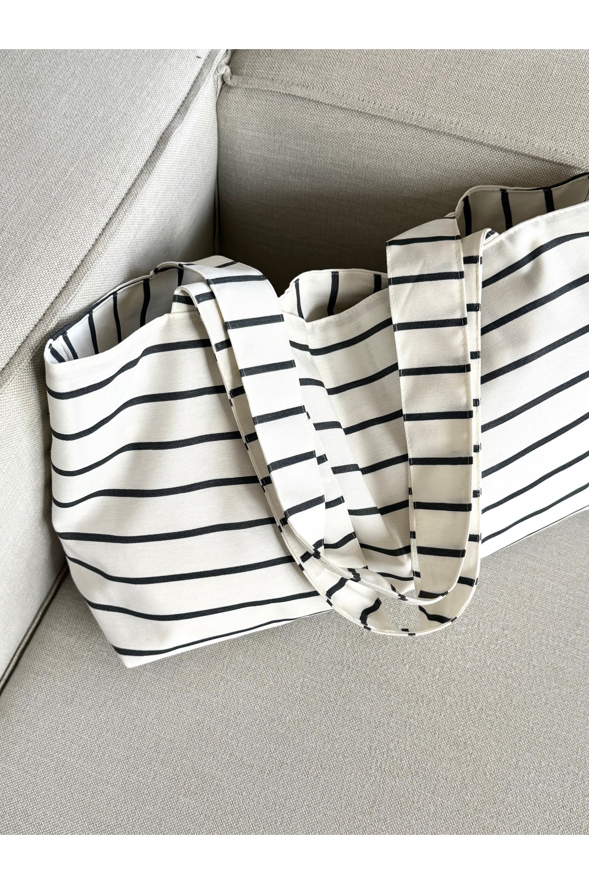 LUNAFEL  Antrasit Çizgili Kanvas El Kol Omuz Çantası - Su Geçirmez Kumaş - Tote Bez El Kol Ve Omuz Çantası - Görsel 3
