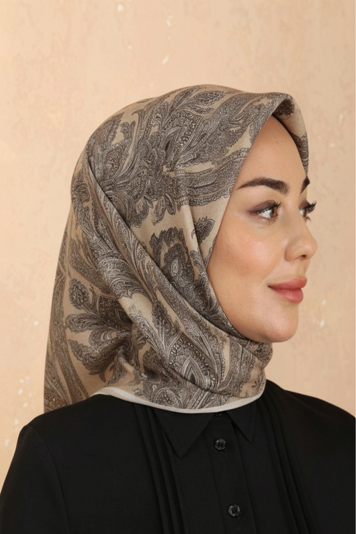 Bej-Gri Desenli Soft Keten Eşarp
