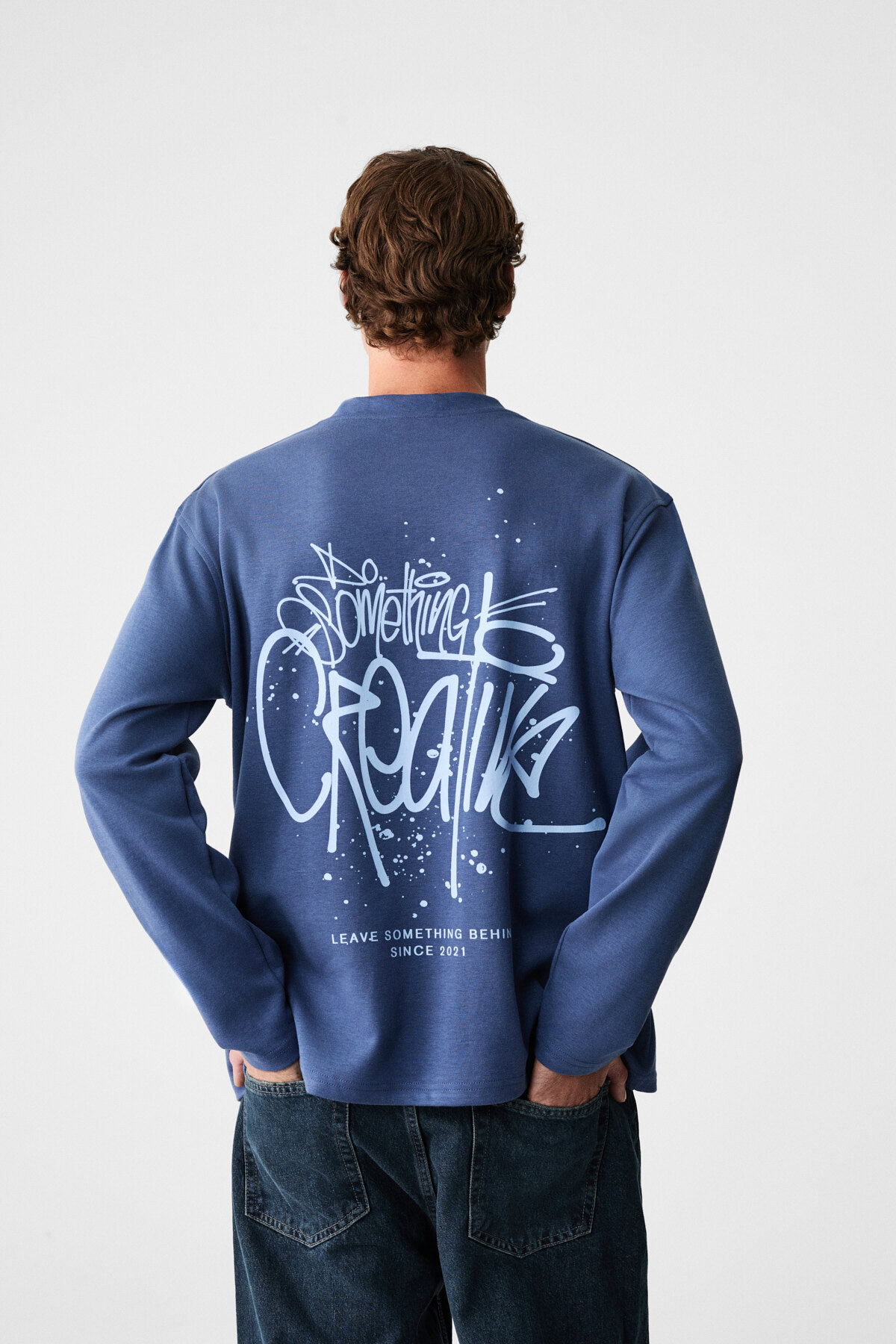 GRIMELANGE CREATOR Erkek Göğsü Ve Sırtı Baskılı Pamuklu Bisiklet Yakalı Oversize Uzun Kollu Lacivert T-Shirt görsel 7