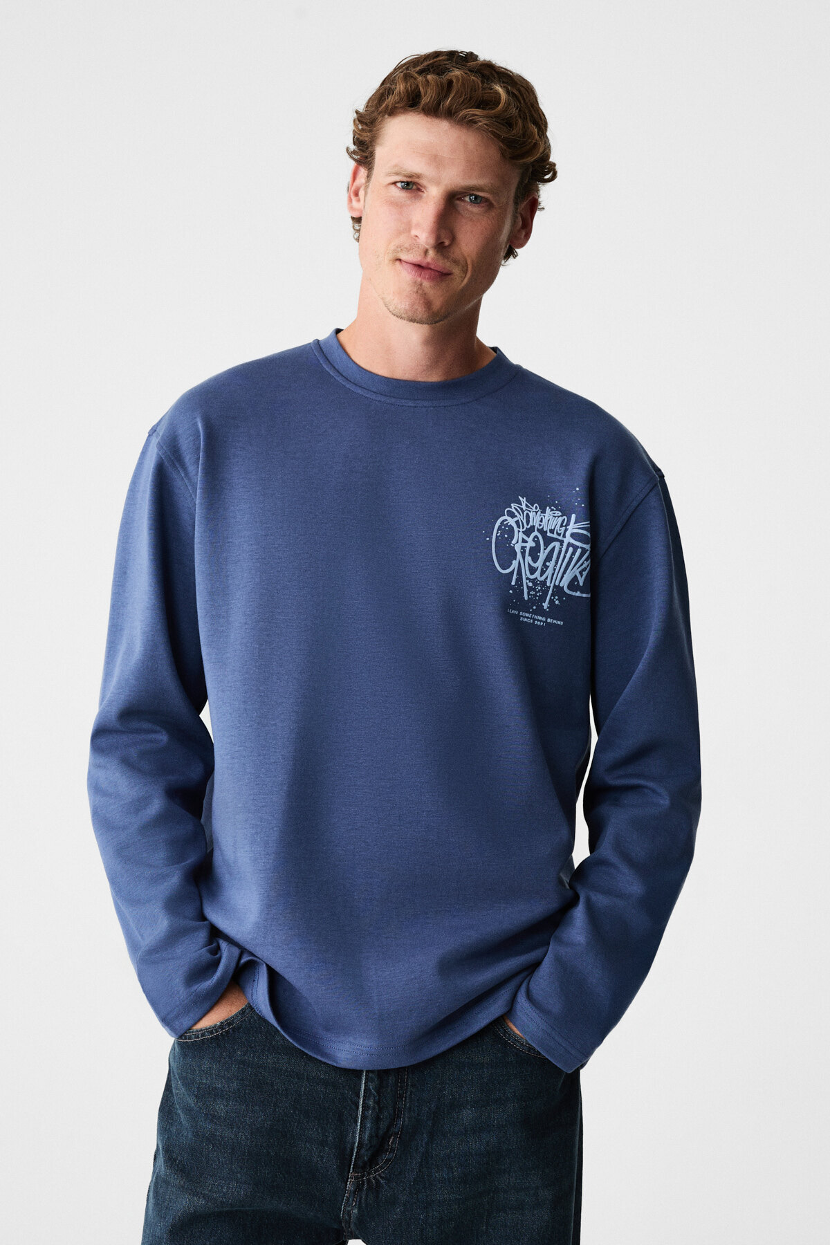 GRIMELANGE CREATOR Erkek Göğsü Ve Sırtı Baskılı Pamuklu Bisiklet Yakalı Oversize Uzun Kollu Lacivert T-Shirt görsel 5