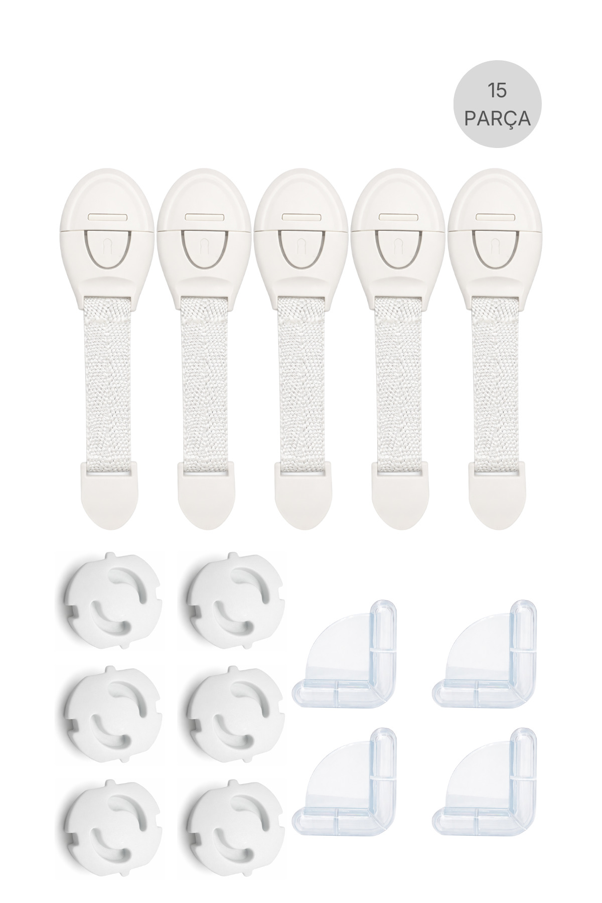 Children's Safety Set 15-Piece | White Drawer Cabinet Lock, Corner Protector and Socket Protector Set