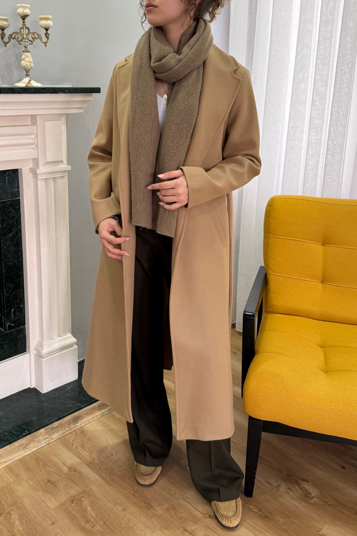 SeHlen Butik Bağlamalı Arkası Yırtmaçlı Camel Palto görsel 2