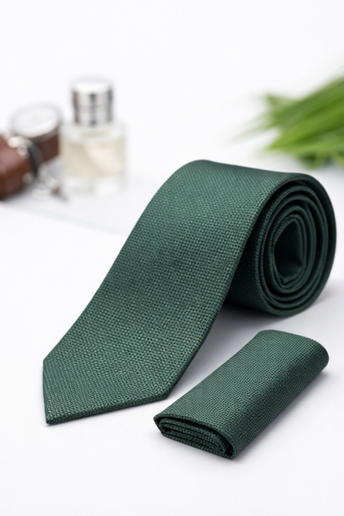 Gambocci  Erkek Yeşil Armürlü Mendilli Kravat