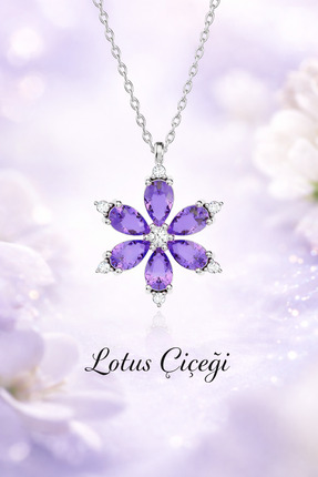 Alexander Atelier Lotus Çiçeği Kolye 50 Cmametist Taşlı Rodyum Kaplama 925 Si...