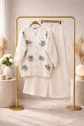 semela Çiçekli Triko Takım (Ten Krem )