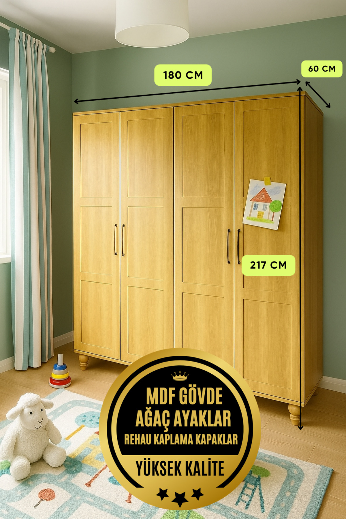 arionkids Alin Wood Dolap 4 Kapaklı-Çekmeceli | %100 MDF | REHAU Kapaklı | Çekmeceli | Ağaç Ayaklı fotoğrafı 2 (önizleme)