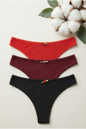 DE JUMO Doğal Pamuklu Likralı Fitilli 3'lü Ekonomik Paket Tanga Kadın Külot