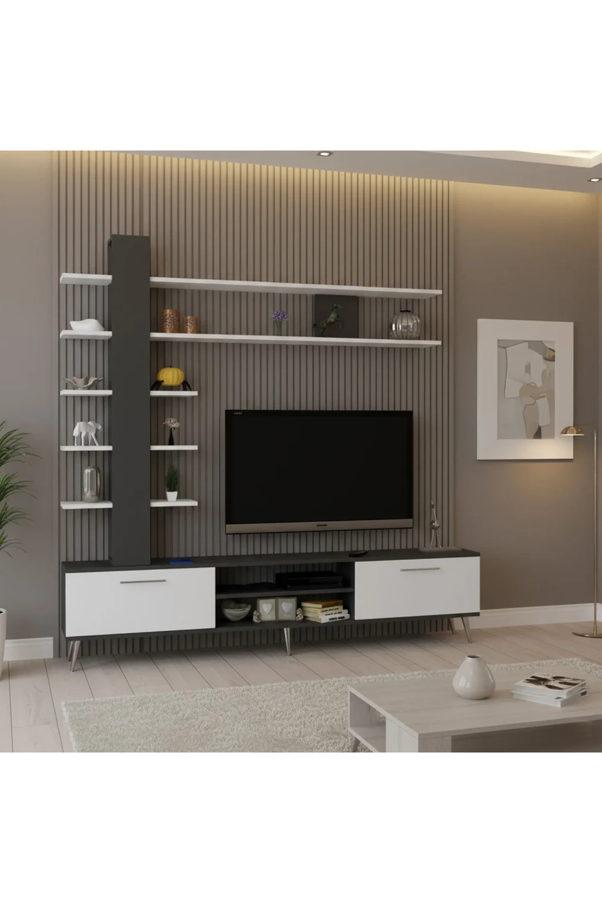 طاولة تلفزيون مع رفوف ابيض ورمادي - TV07