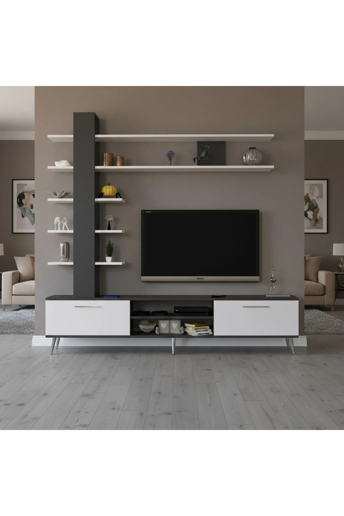طاولة تلفزيون مع رفوف ابيض ورمادي - TV07