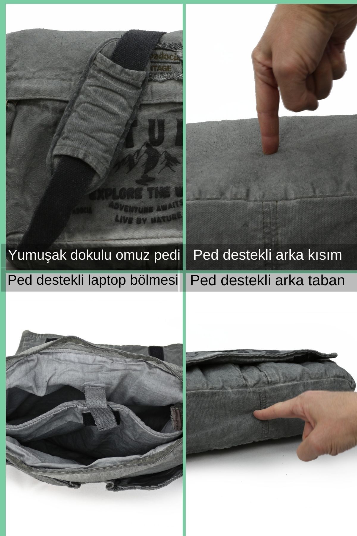 Cappadocia Vintage 4028 Gri Salaş Omuz Çantası Pamuk Kanvas Postacı 15.6 Laptop Okul Seyahat Günlük Vintage Retro görsel 5