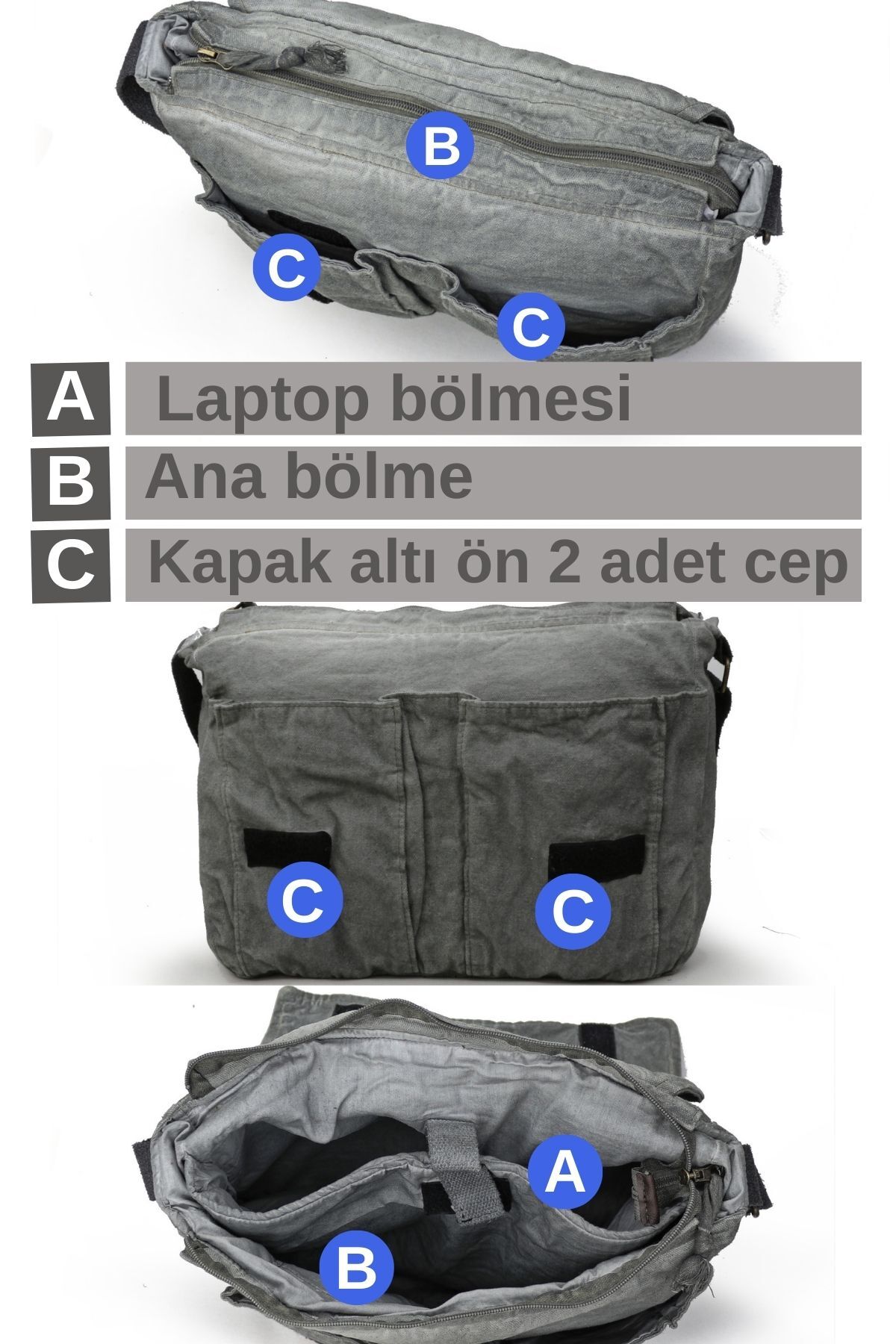 Cappadocia Vintage 4028 Gri Salaş Omuz Çantası Pamuk Kanvas Postacı 15.6 Laptop Okul Seyahat Günlük Vintage Retro görsel 3