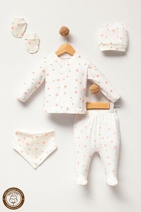 MAHFEL Pembe Çiçek Desenli Kız 5'li Yenidoğan Bebek Hastane Çıkış Seti