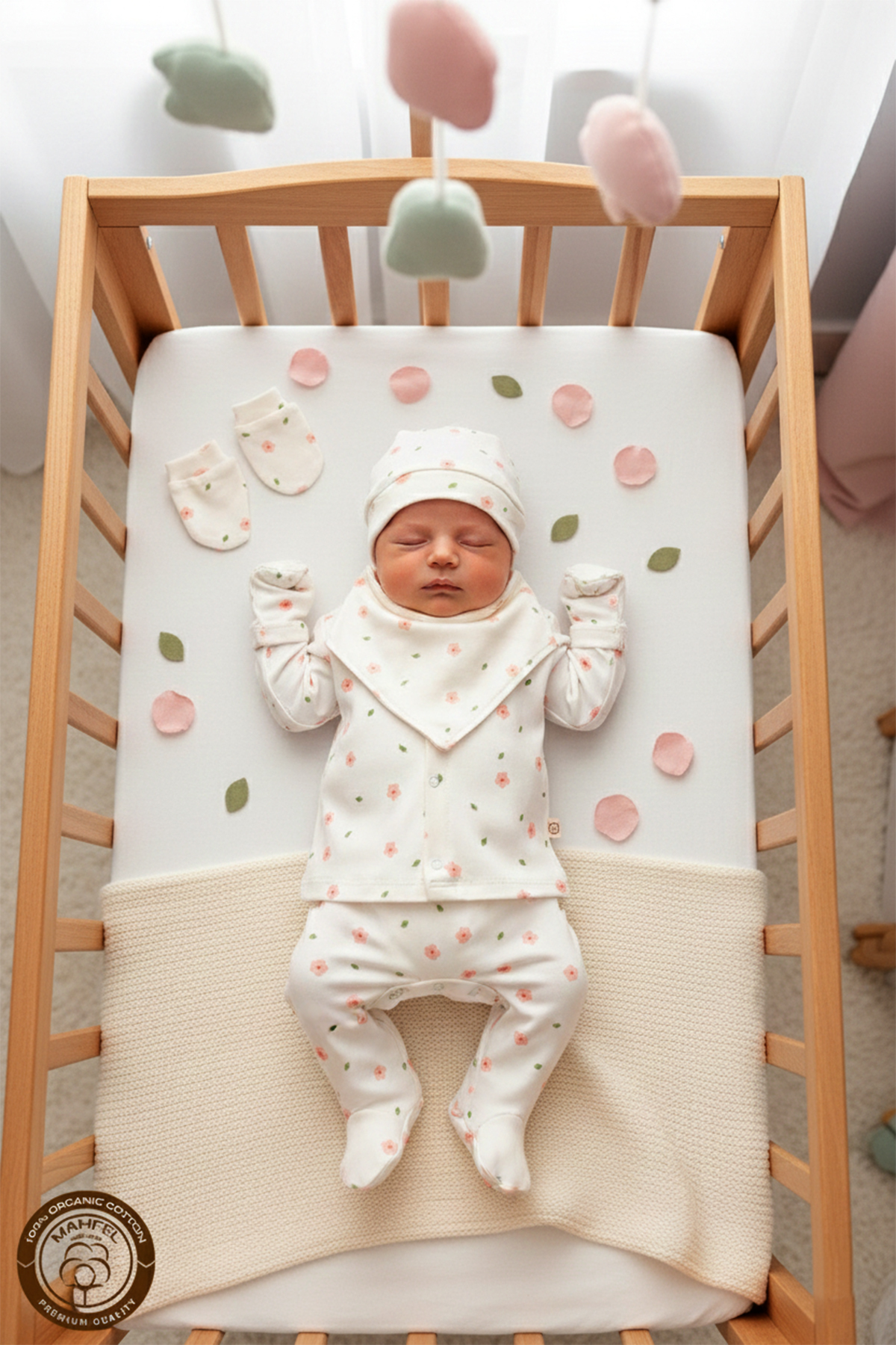 MAHFEL Pembe Çiçek Desenli Kız 5'li Yenidoğan Bebek Hastane Çıkış Seti fotoğrafı 2 (önizleme)