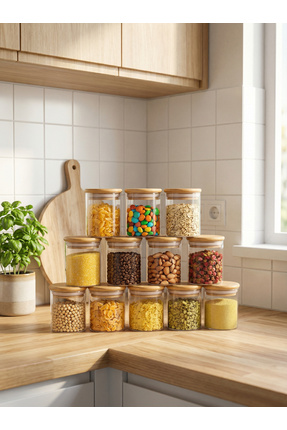 ERKUGO 12 Adet Vakumlu Bambu Kapaklı Borosilikat Baharatlık, Saklama Kabı, Çe...