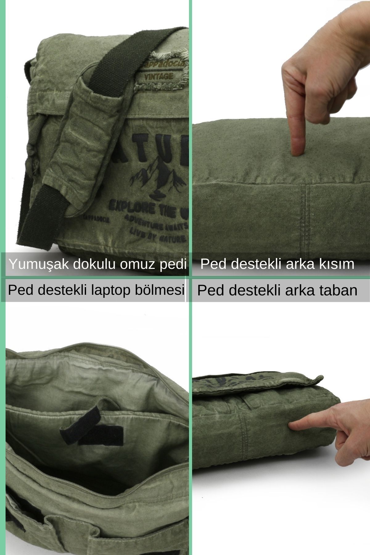 Cappadocia Vintage 4028 Haki Yeşil Salaş Omuz Çantası Kanvas Postacı 15.6 inç Laptop Okul Seyahat Günlük Vintage Retro görsel 7