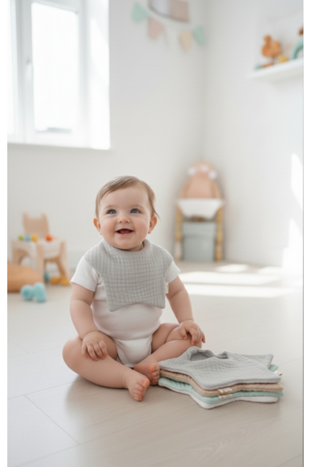 O&G Collection 4'lü Yıldız Grili  %100 Pamuklu Organik 8 Katlı Müslin Bebek Salya Önlüğü / Mama Önlüğü /Nikel Free fotoğrafı 2 (önizleme)