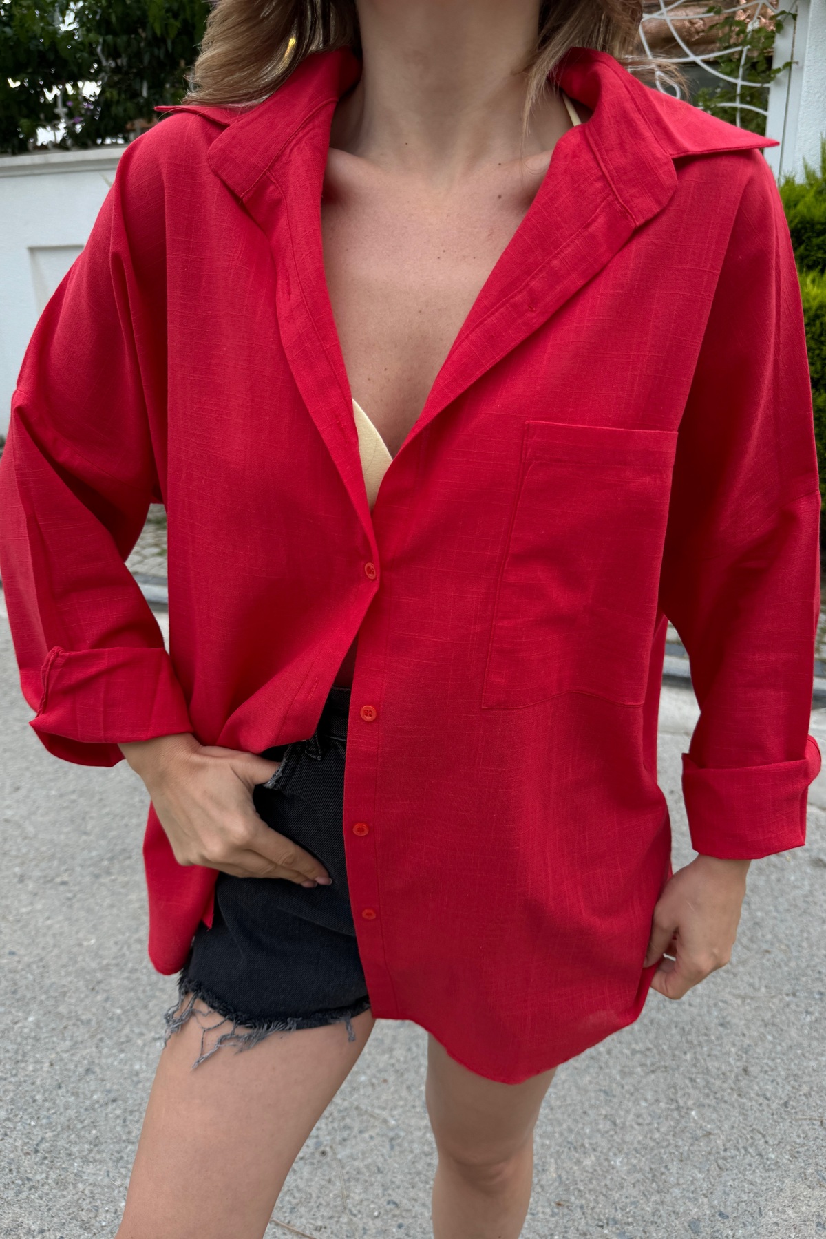 bb butik basic  Oversize Keten Dokulu %100 Pamuk Salaş Gömlek Bb-ku3435 - Görsel 3