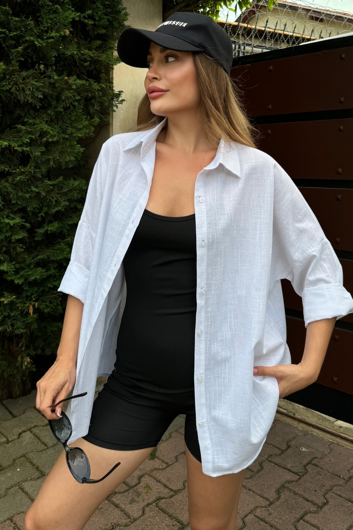 bb butik basic  Oversize Keten Dokulu %100 Pamuk Salaş Beyaz Gömlek Bb-ku3435