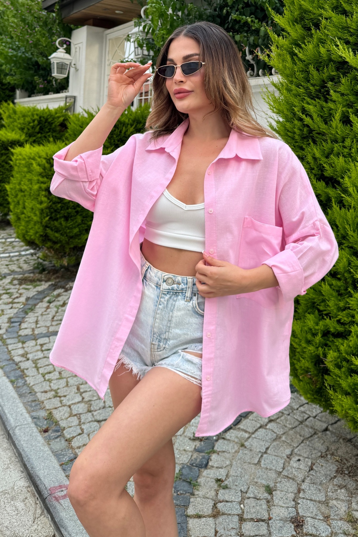 bb butik basic  Oversize Keten Dokulu %100 Pamuk Tek Cepli Salaş Gömlek BB-KU3435