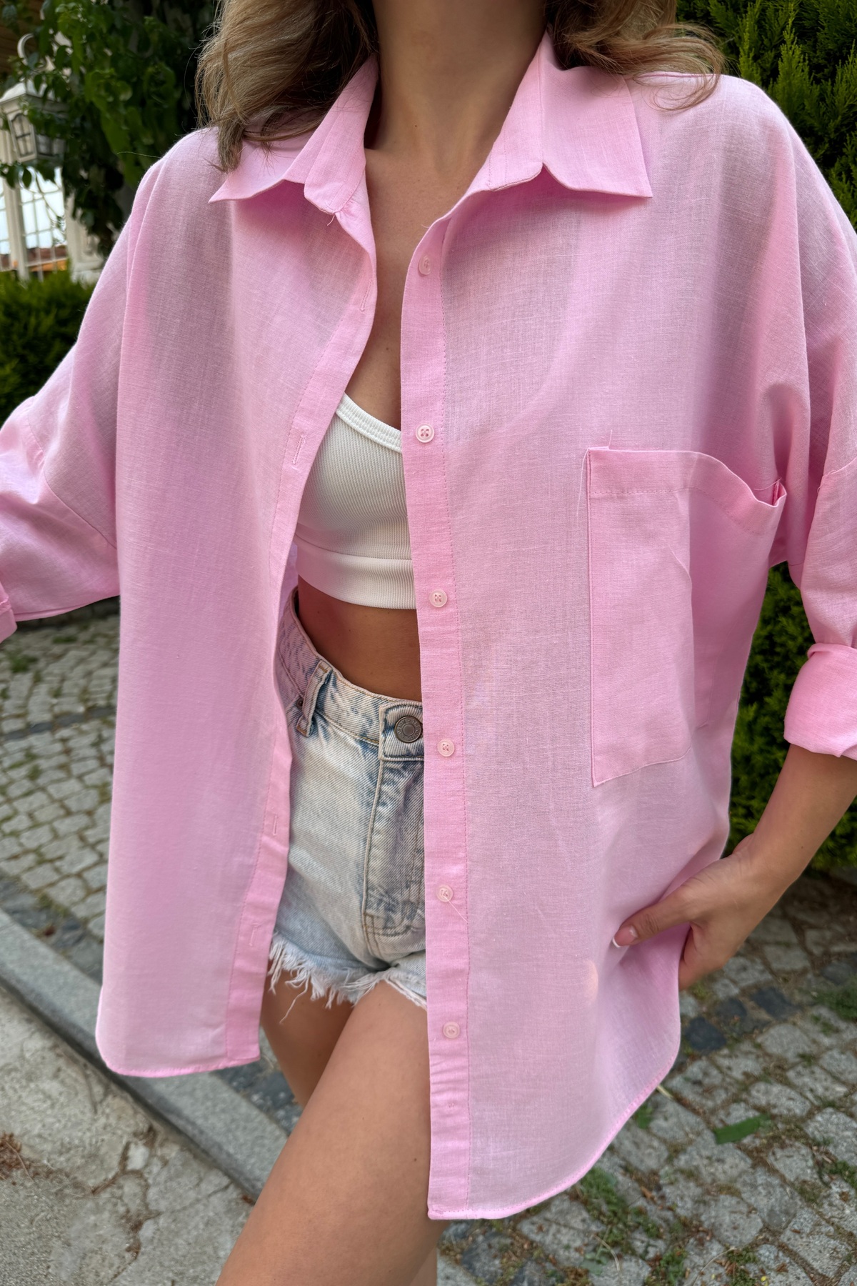 bb butik basic  Oversize Keten Dokulu %100 Pamuk Tek Cepli Salaş Gömlek BB-KU3435 - Görsel 5