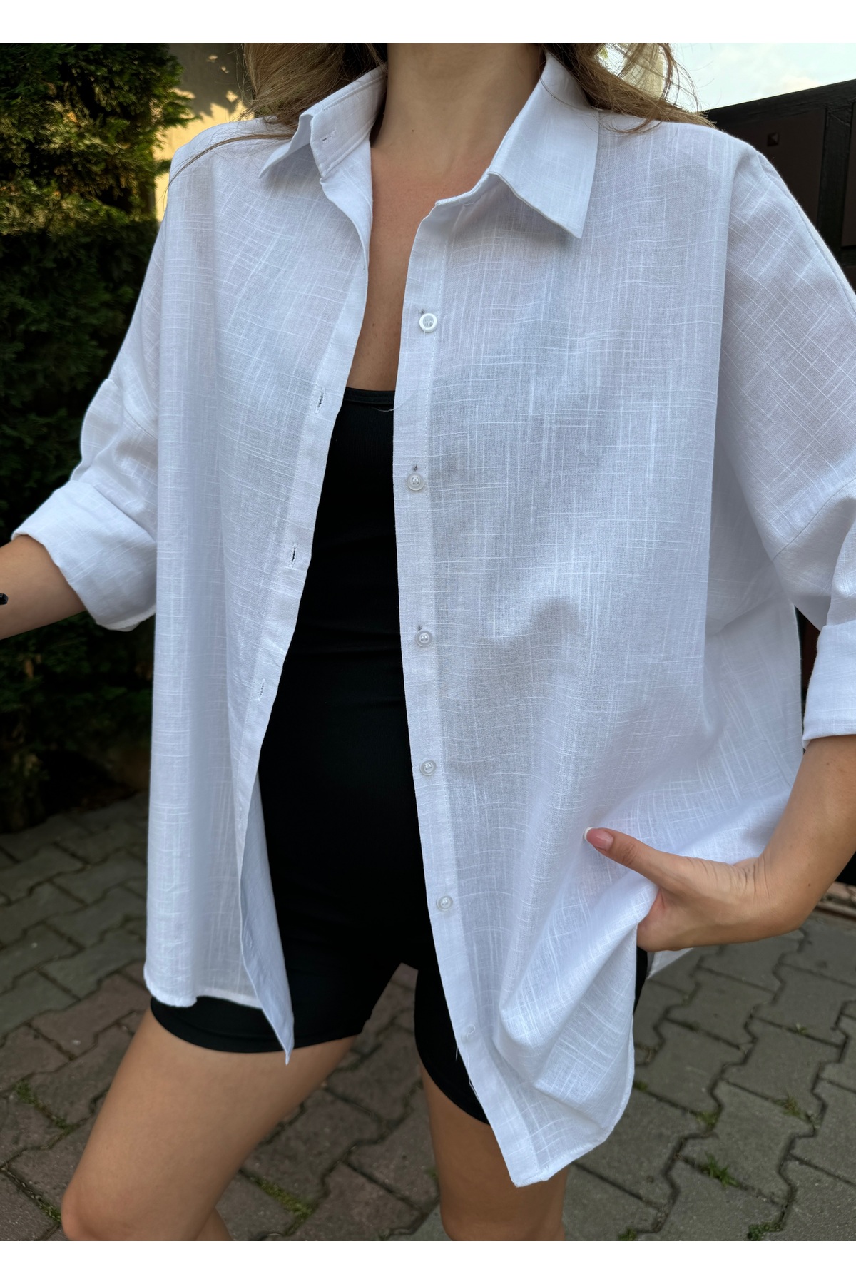 bb butik basic  Oversize Keten Dokulu %100 Pamuk Salaş Beyaz Gömlek Bb-ku3435 - Görsel 4