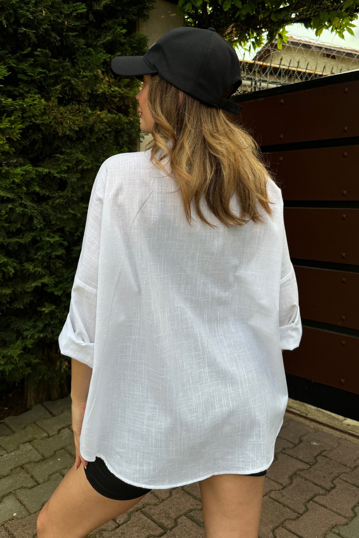 bb butik basic  Oversize Keten Dokulu %100 Pamuk Salaş Beyaz Gömlek Bb-ku3435 - Görsel 2