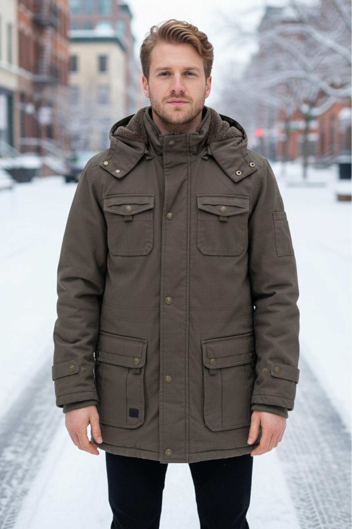 Dynamo  Erkek Haki Kapüşonlu Kürk Astarlı Su Geçirmez Kaplamalı Kalın Kaban 2485