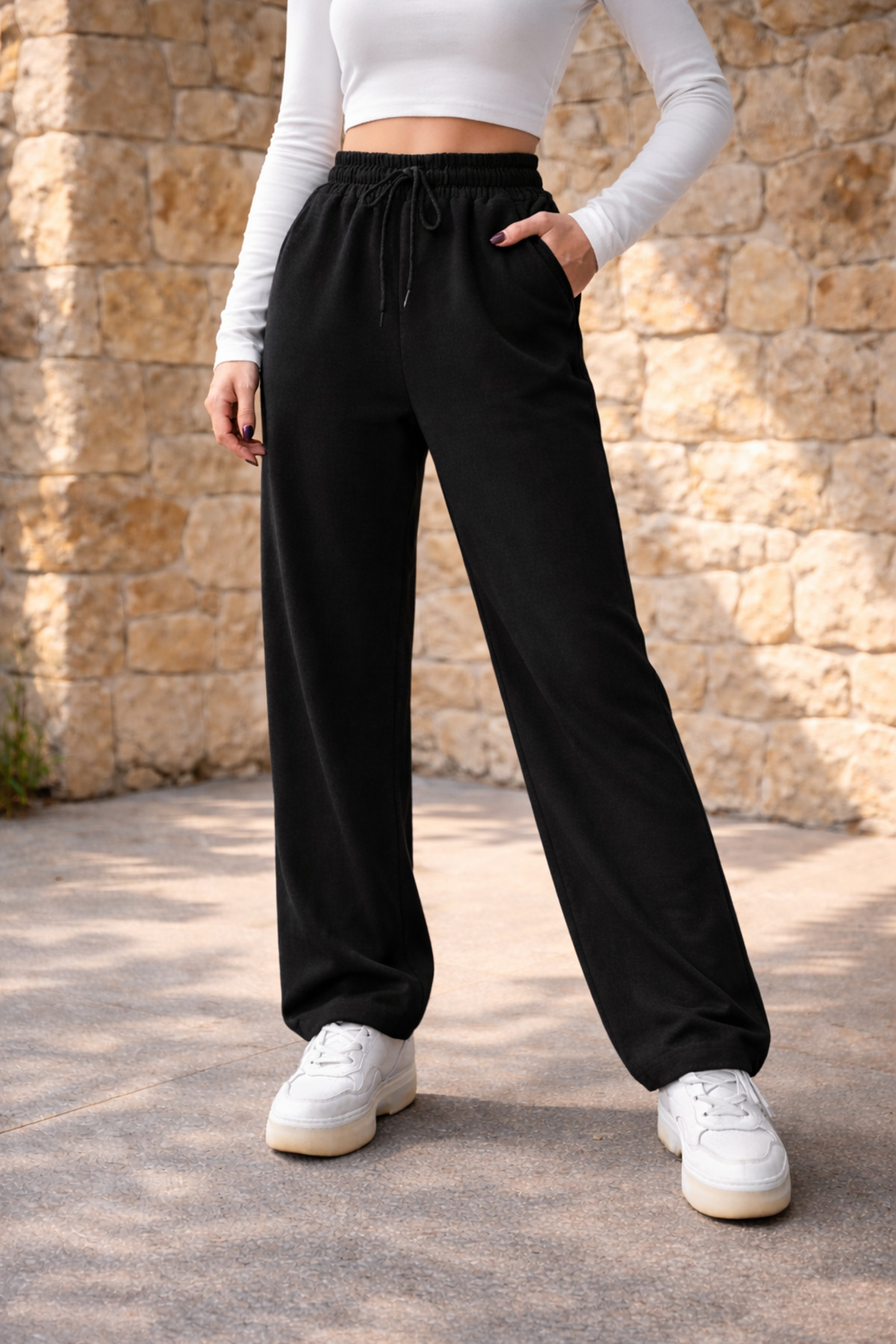 Miyalon Unısex İki İplik Beli Lastikli Oversize Bol Paça Baggy Eşofman Altı