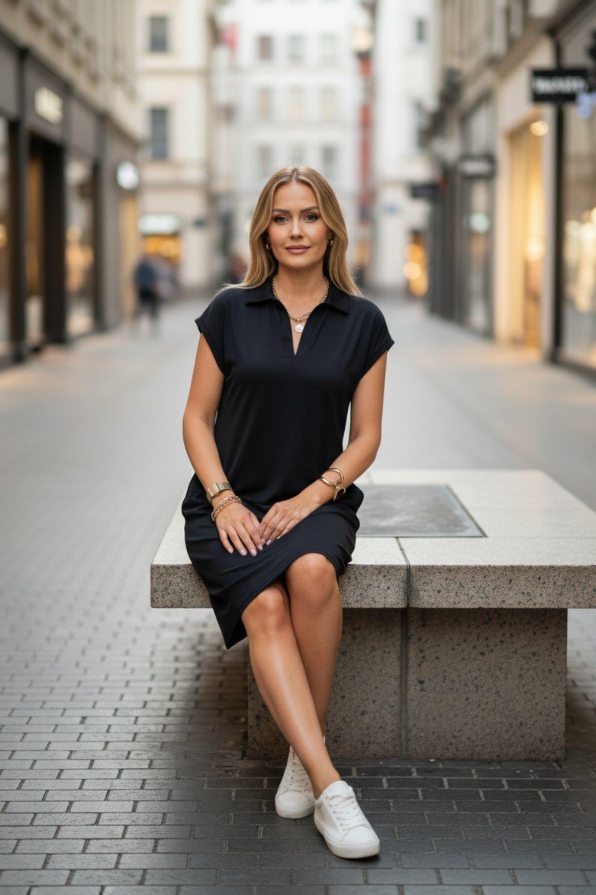 Mossta  Polo Yaka Cep Detaylı Viskon Elbise Siyah - Görsel 4