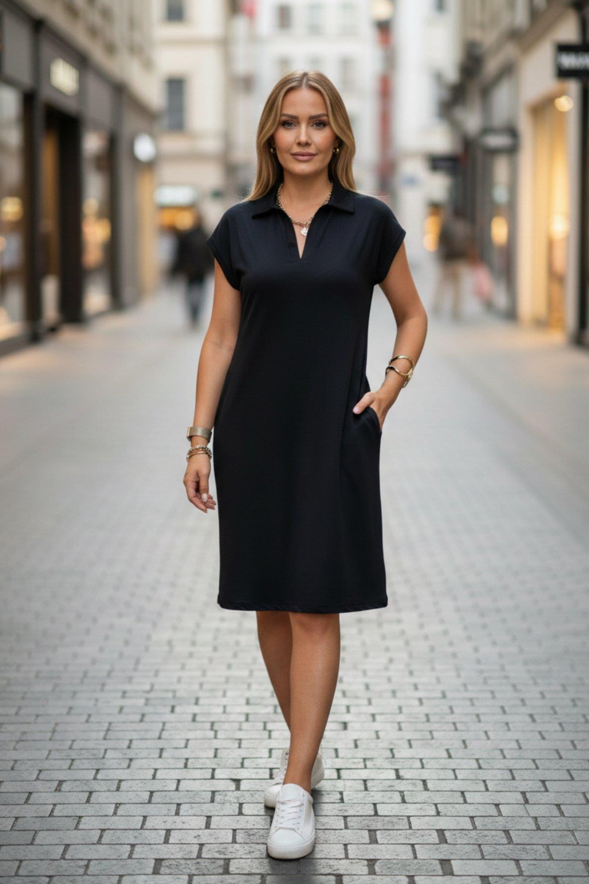 Mossta  Polo Yaka Cep Detaylı Viskon Elbise Siyah - Görsel 2