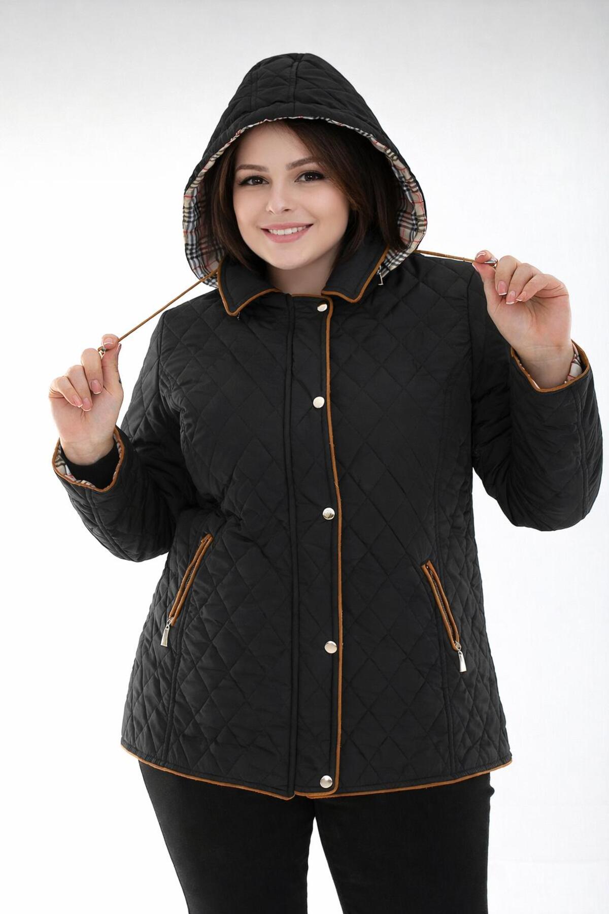 TUTveAL Collection  Baharlık Ekoseli Kapitone Mont Kapüşonlu Siyah Kapitone Mont Büyük Beden Mont Suya Dayanıklı - Görsel 7