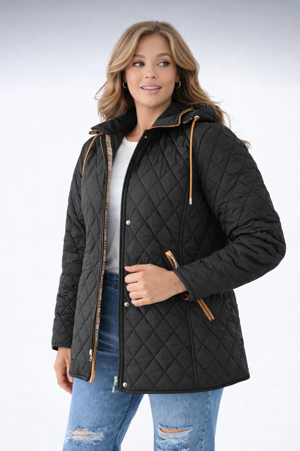 TUTveAL Collection  Baharlık Ekoseli Kapitone Mont Kapüşonlu Siyah Kapitone Mont Büyük Beden Mont Suya Dayanıklı - Görsel 3