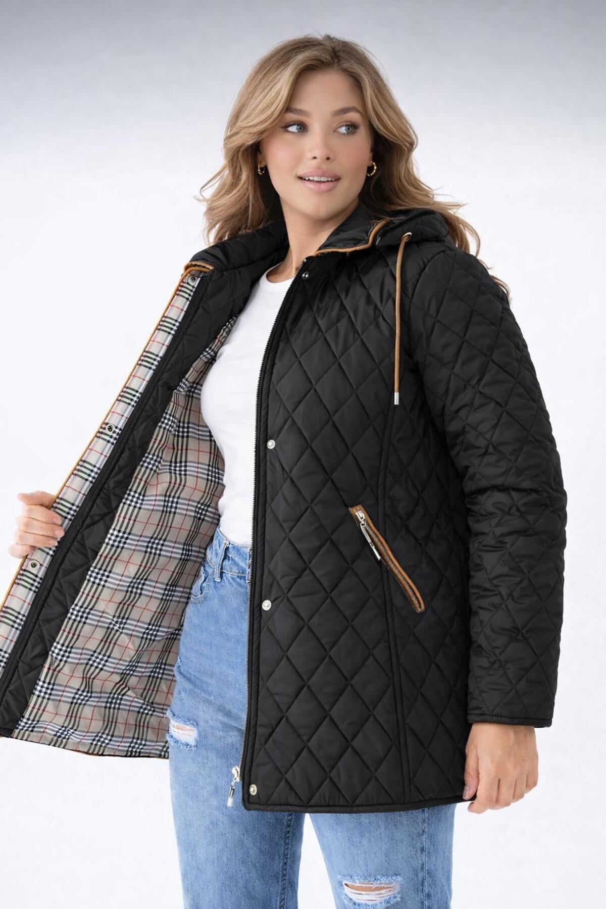 TUTveAL Collection  Baharlık Ekoseli Kapitone Mont Kapüşonlu Siyah Kapitone Mont Büyük Beden Mont Suya Dayanıklı