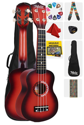 Midex Ukx-500rd Sunburs Efektli Maun Soprano Ukulele Full Set