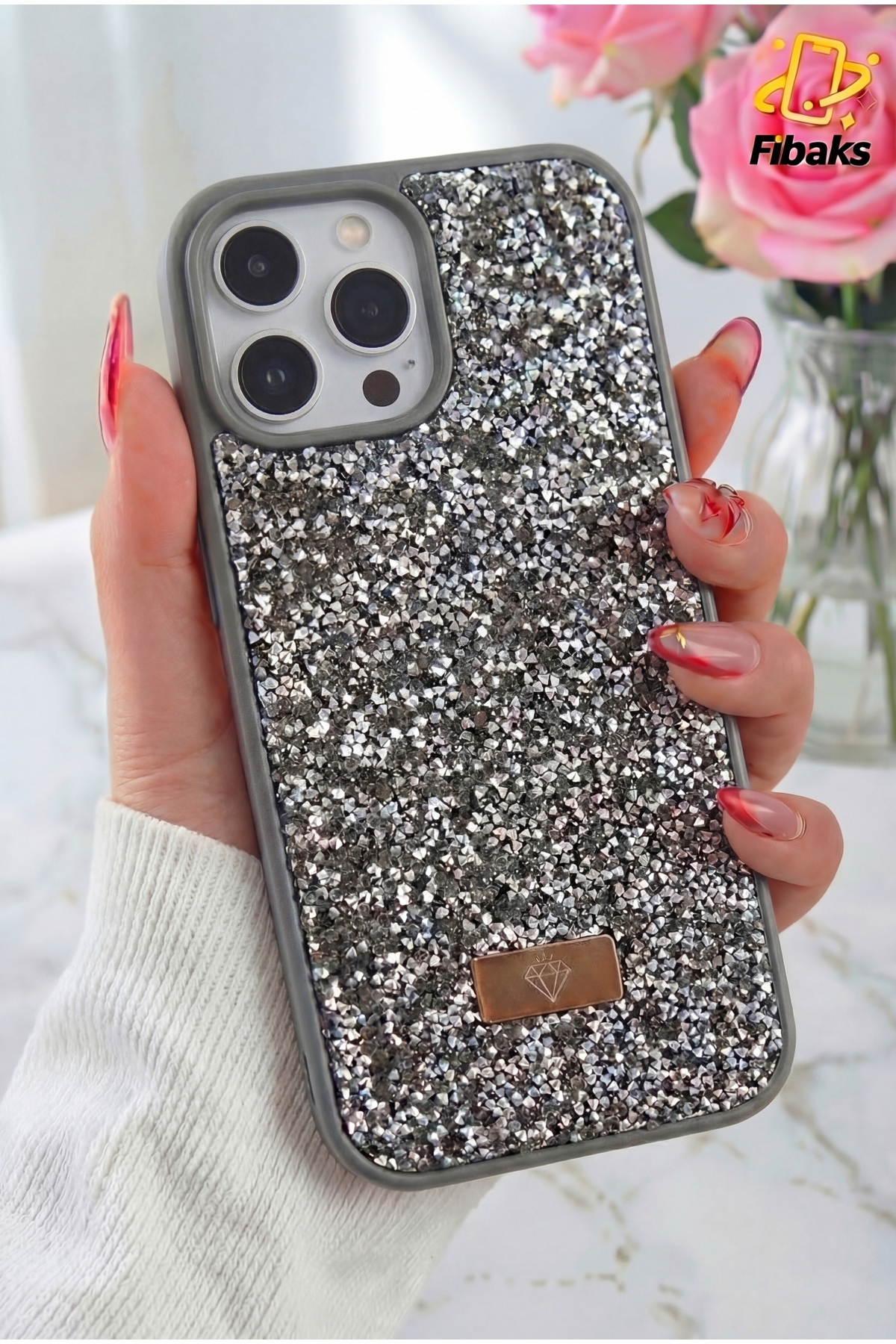iPhone 14 Pro Max Case Velvet Diamond Design Shimmering Diamond Silicone Cover with Grey Gemstone