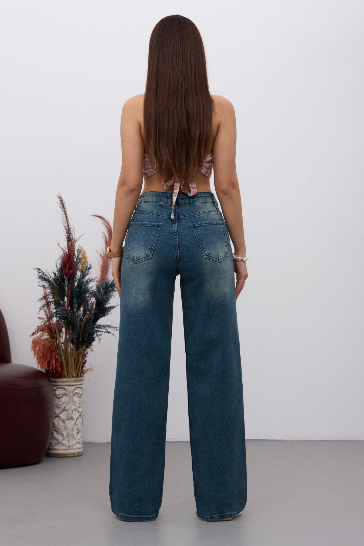 BİKELİFE  Kadın Yüksek Bel Esnek Soluk Efektli Vintage Geniş Paça Wide Leg Rahat Jean - Görsel 5