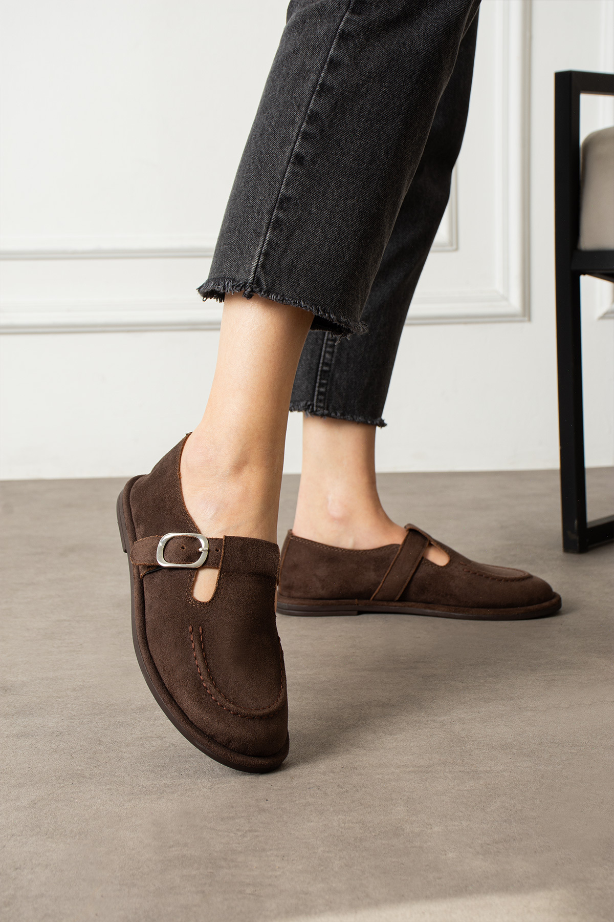 Zintra  Kadın Süet Tokalı Babet Vizon Renk Önü Kapalı Günlük Ayakkabı Rahat Konforlu - Görsel 3