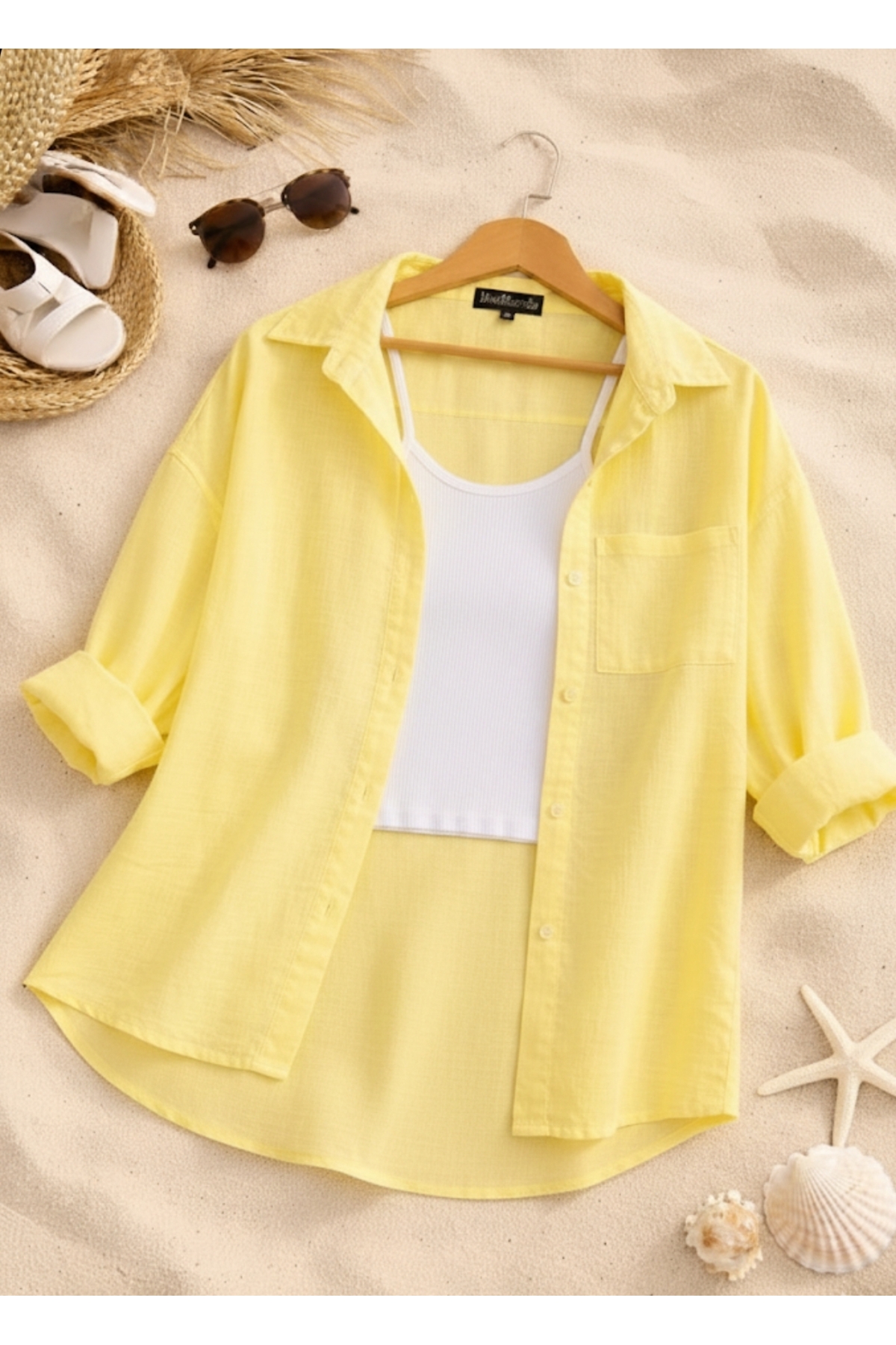 blackbonds  Kadın sarı Keten Gömlek Yazlık Oversize Gömlek Yeni Sezon