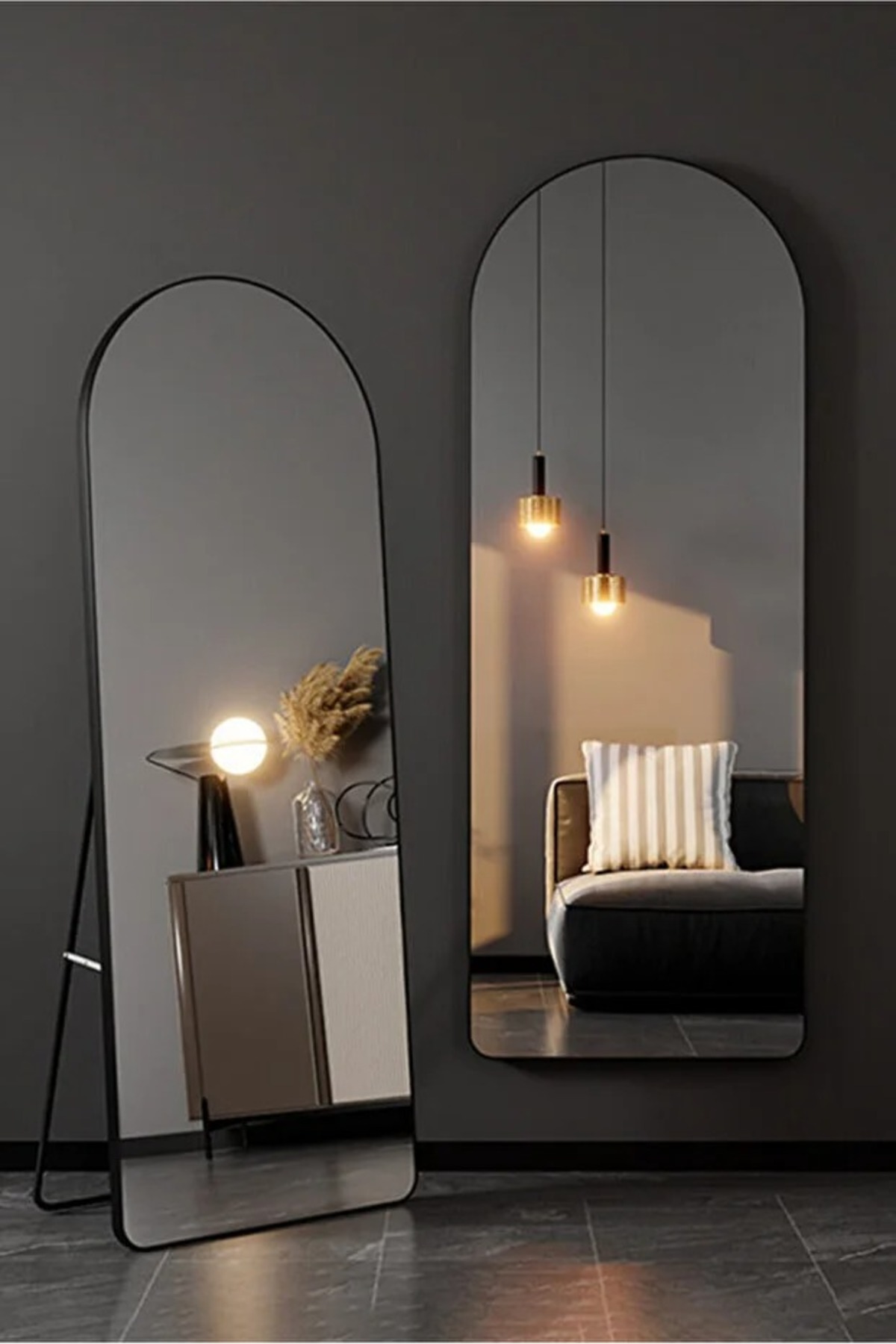 مرآة كاملة الطول المقاس {80x180سم} مع حامل مقوس، مرآة أرضية، مرآة حائط، معلقة/مائلة | أسود