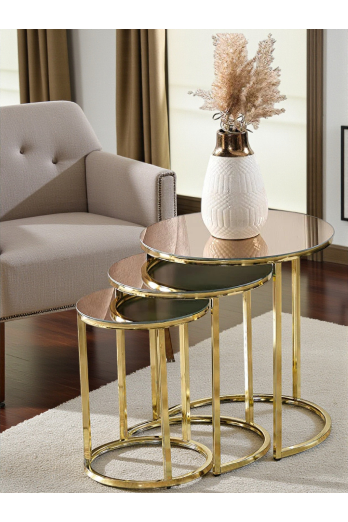 3 Lü Bronz Ayna Gold Metal Zigon Sehpa Sehpa-zigon-3lüsehba