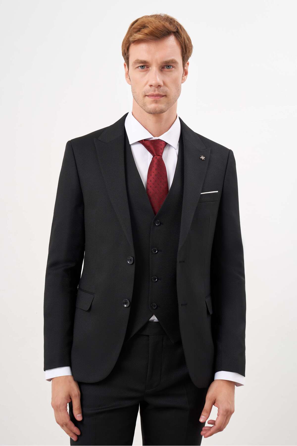 Jacquard Slim Fit Slim Fit 6 Drop Men's Suit with Black Vest