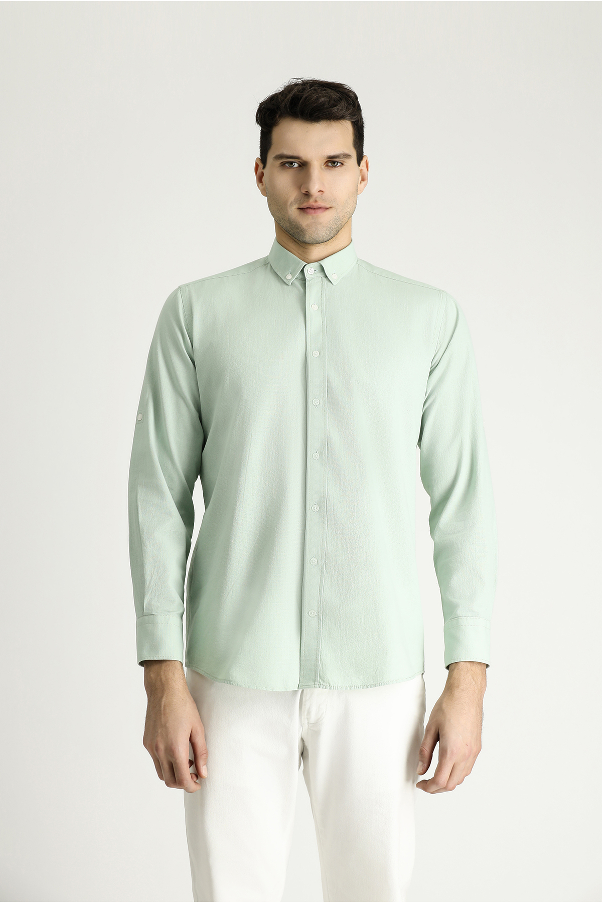 Kiğılı  Uzun Kol Rahat Kesim Düğmeli Yaka Pamuk Nefes Alabilen Keten Görünümlü Gömlek - Görsel 4