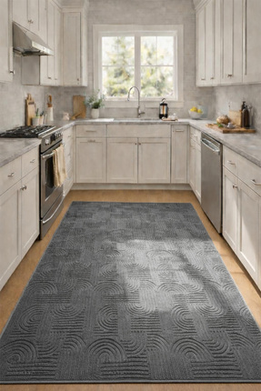 Raschel Carpet Premium Yıkanabilir Leke Tutmaz Emboss Bohem Koyu Gri Mutfak H...